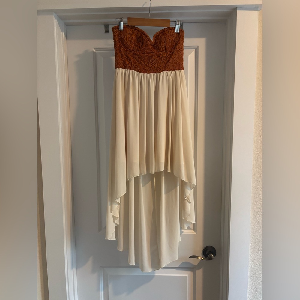 Elegant Cream and Burnt Orange Lace + Chiffon High/ Low Dress